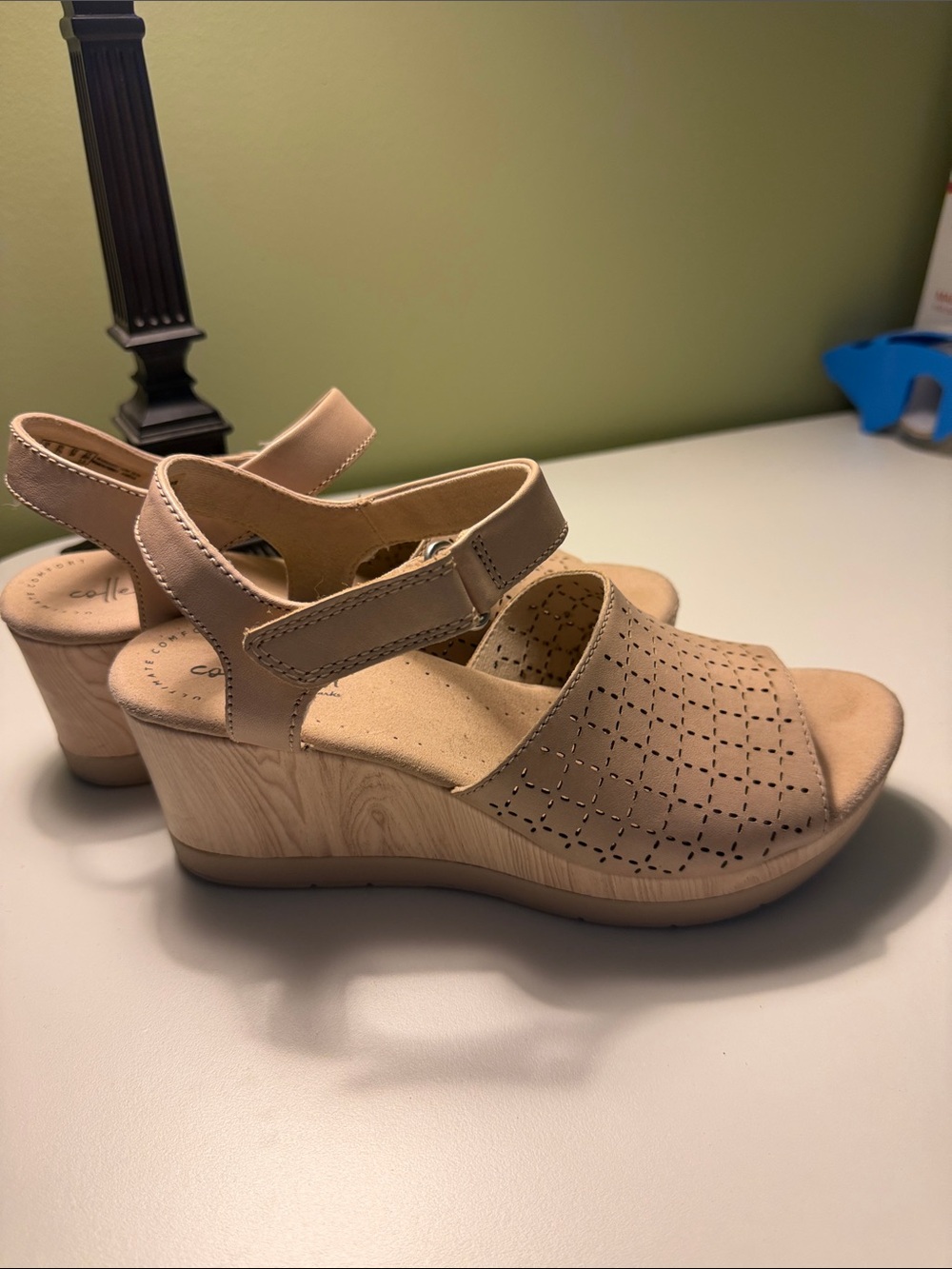 Clarks Tan Perforated Wedge Sandals with Ankle Strap